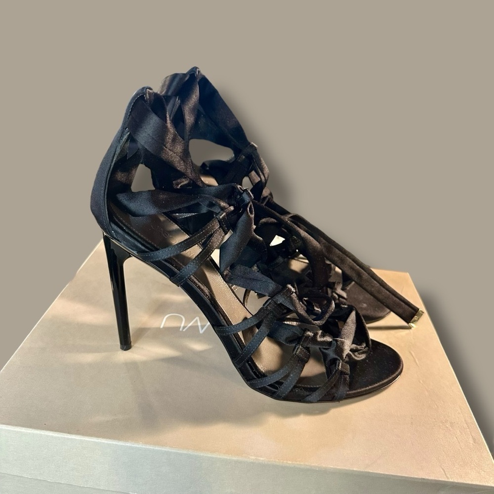 Jason Wu ‘Gia’ Black Satin Lace-Up Open Toe Heels w/ Ankle Ties Size 41 = Sz 11
